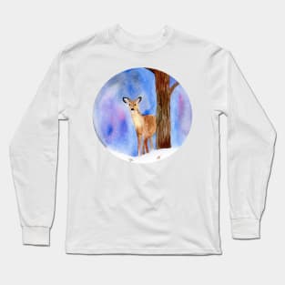 Deer in the Winter Forest Painting Long Sleeve T-Shirt